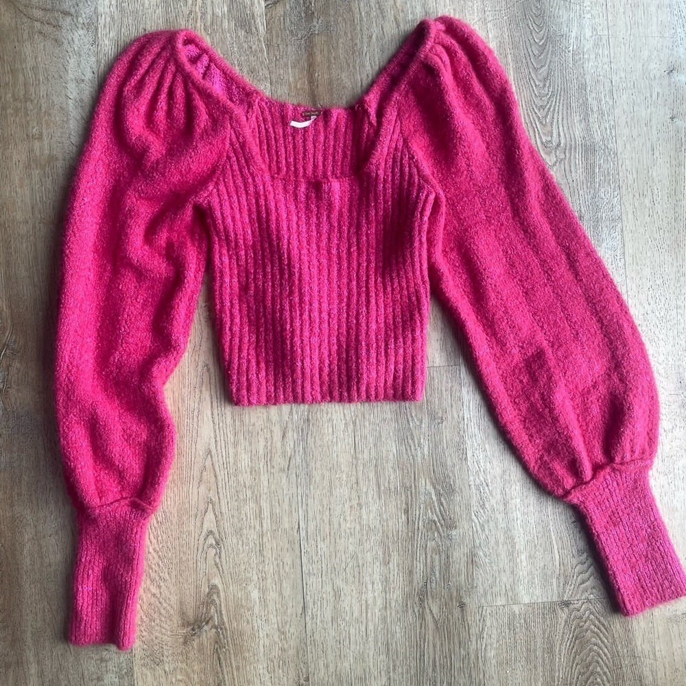 Free People Pink Puff Sleeve Sweater Top Size M Cropped Knit Square Neck Boho